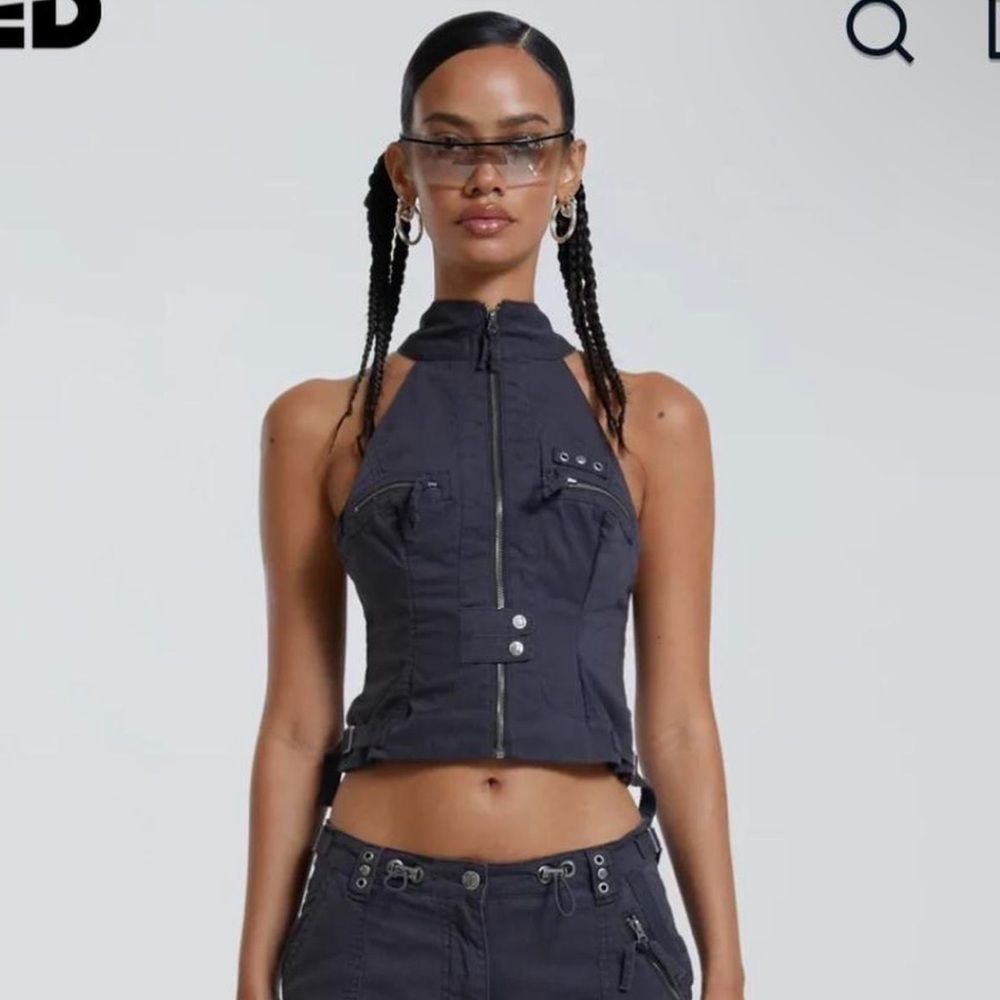 JADED LONDON VINTAGE GREY CARGO HALTER NECK TOP WITH POCKET DETAIL